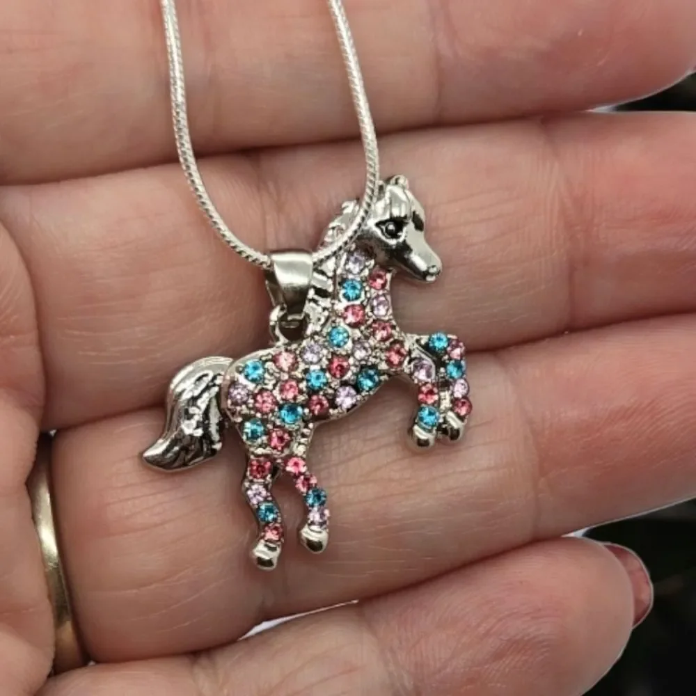 Rhinestone Horse Pendant Silver Necklace Sparkly Fashion Jewelry New Gift